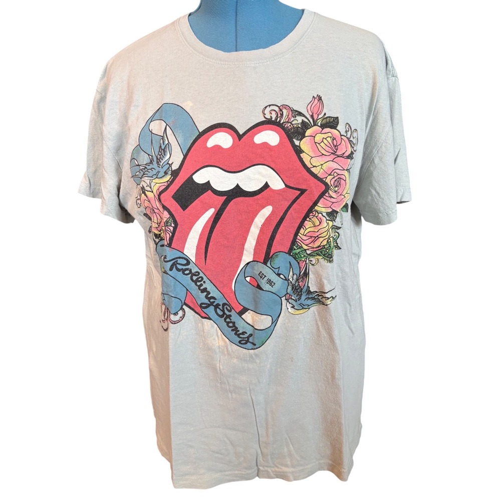 The Rolling Stones Floral Tongue Logo Graphic‎ T-Shirt Light Green XXL